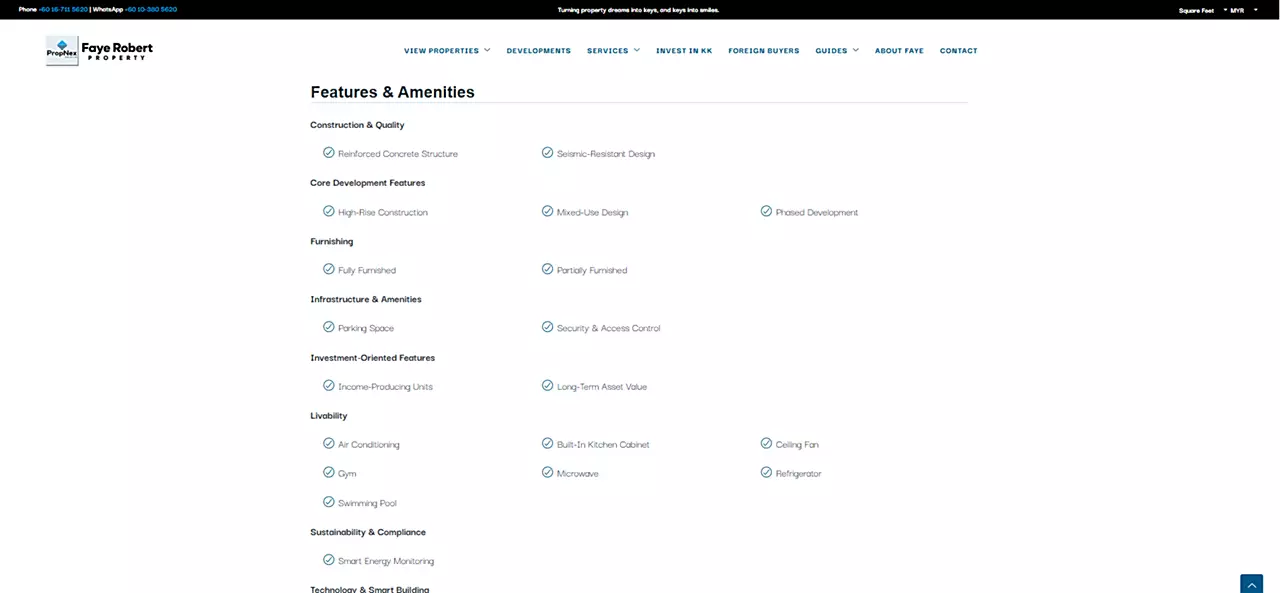 Features and amenities organised on a property development website
